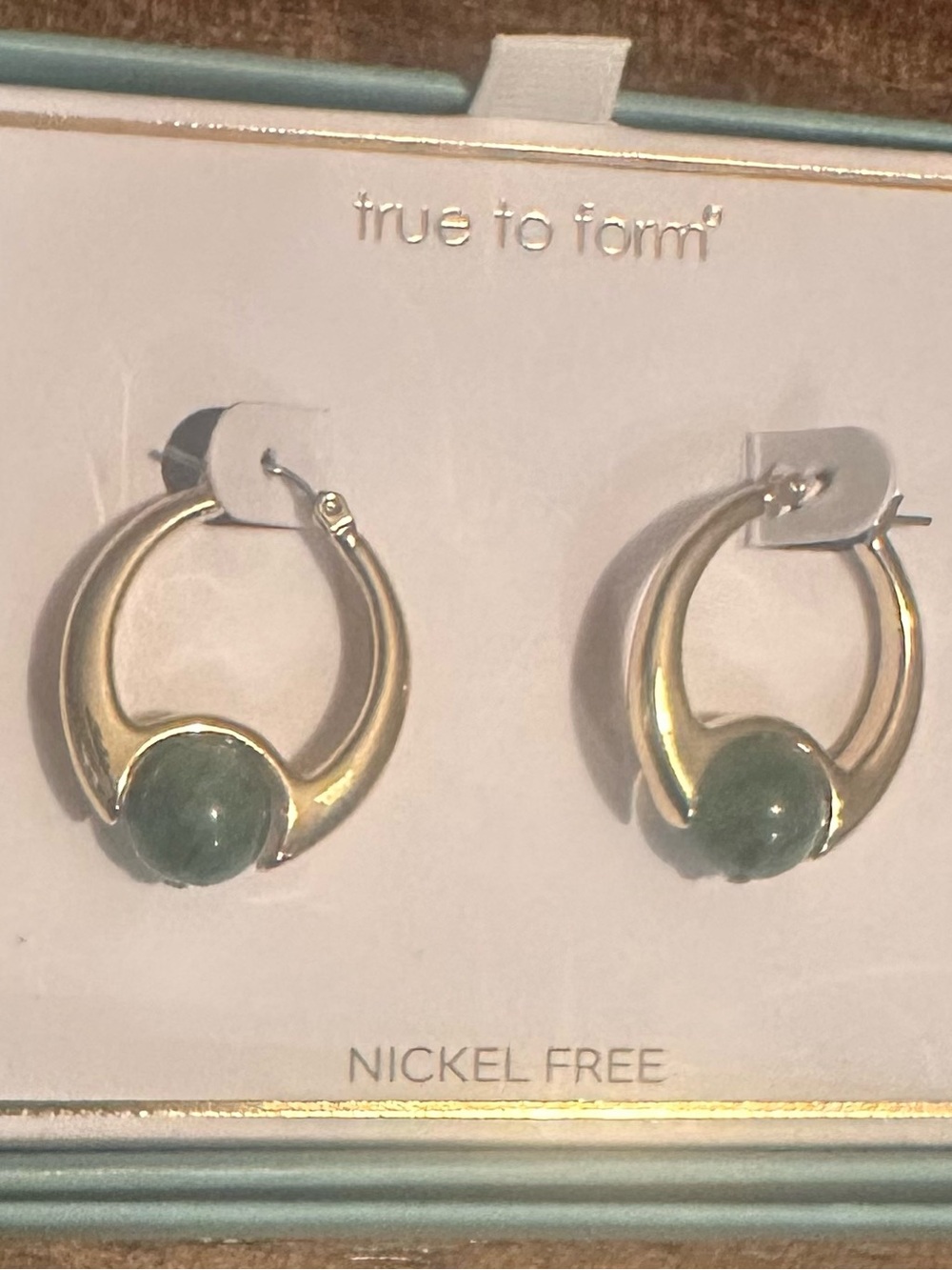 True To Form Gold Hoop Earrings with Green Stone Accent